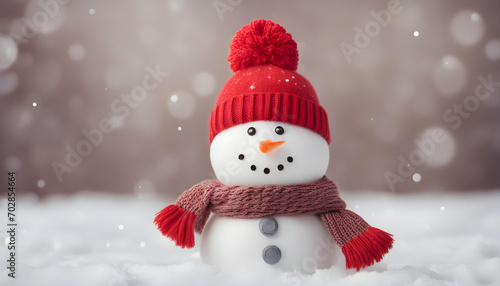 Cute snowman with hat and knitted scarf on winter background with copy space © PhotoPhreak