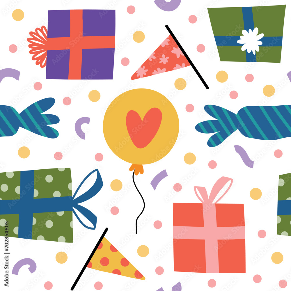 Kids birthday repeated elements. Holiday birthday party design template, color gift boxes, flags and balloons, vector seamless pattern.eps Kids birthday repeated elements. Holiday birthday party design template, color gift boxes, flags and balloons, vector seamless pattern.eps