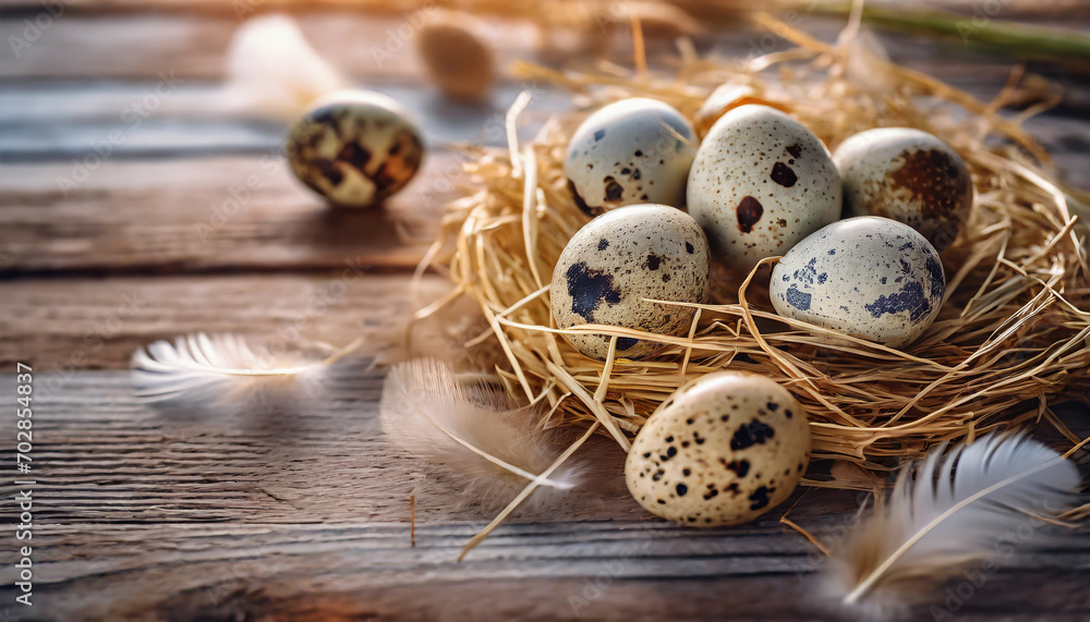 Przepiórcze jaja w słomianym gnieździe na deskach. Obok słoma i pióra. Naturalne tło wielkanocne - obrazy, fototapety, plakaty 