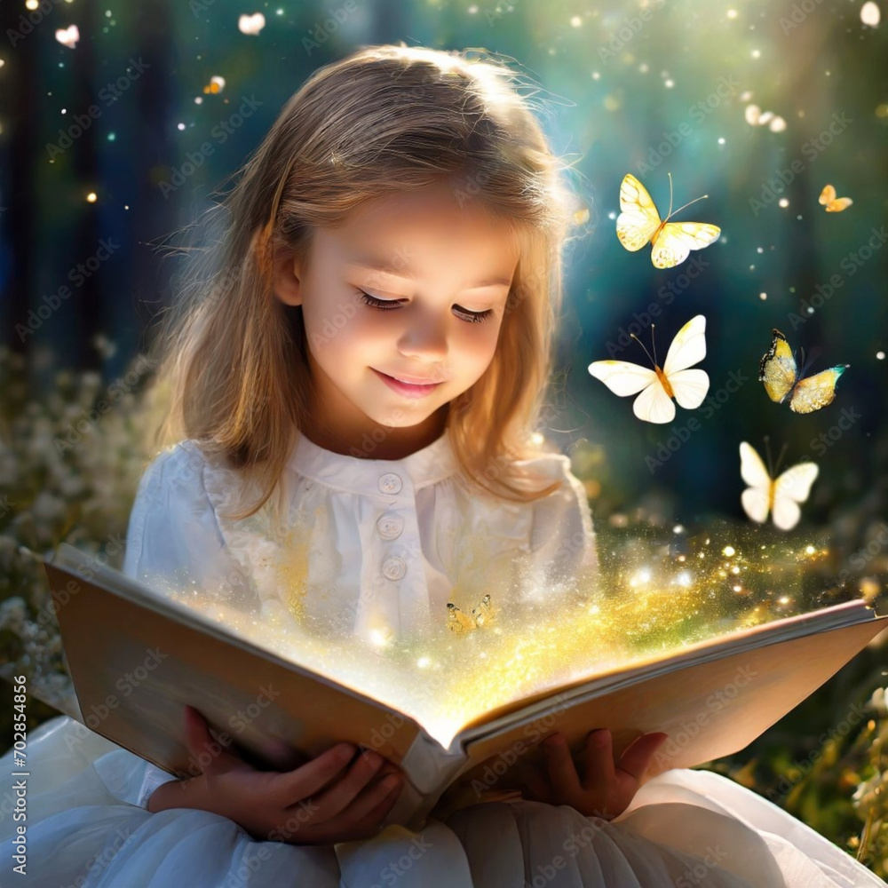 Dziewczynka siedząca z otwartą książką. Nad książką magiczne światło i motyle. Magia wyobraźni, wpływ czytania książek na wyobraźnię dziecka - obrazy, fototapety, plakaty 