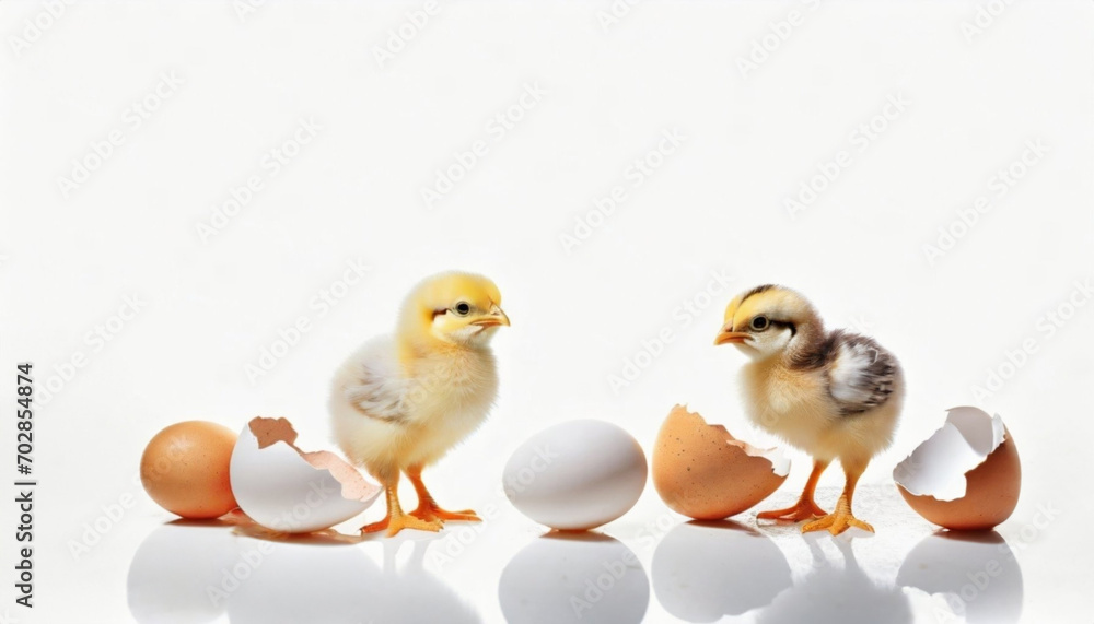 Chicks, eggs and egg shells on a white background. Easter background Chicks, eggs and egg shells on a white background. Easter background