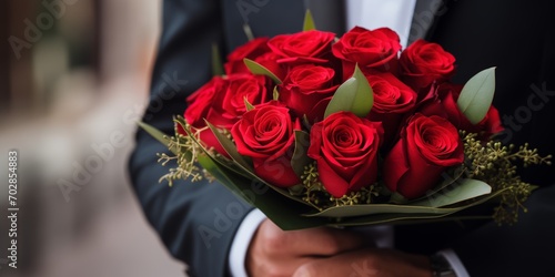 Closeup hands of a businessman in a dark jacket holding a bouquet of red roses