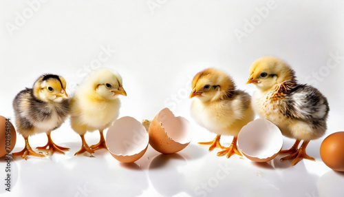 Kurczątka, jajka i skorupki jajek na białym tle. Tło wielkanocne © Monika