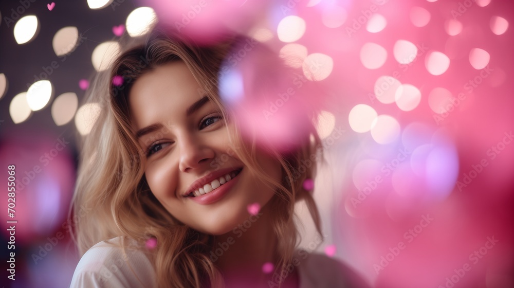A happy woman with soft pink Valentine's Day effects and a background.
