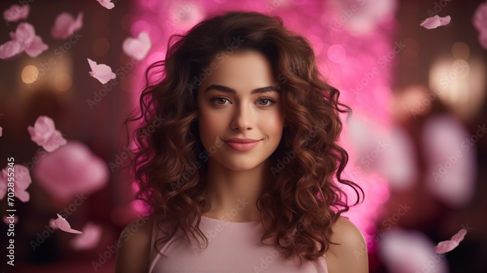A happy woman with soft pink Valentine's Day effects and a background. A happy woman with soft pink Valentine's Day effects and a background.