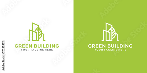 eco building tower vector logo design template. green leaf logo with multi-storey building. environmentally friendly construction logo