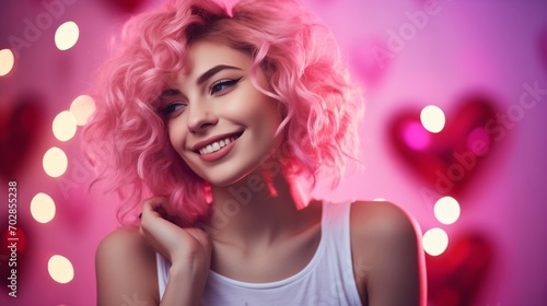 A happy woman with soft pink Valentine's Day effects and a background.
