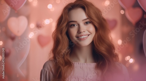 A happy woman with soft pink Valentine's Day effects and a background.