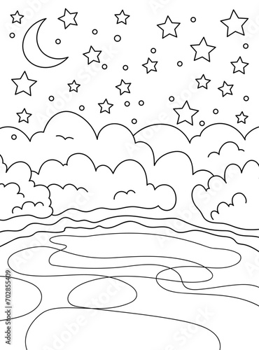 Winter background, ice rink, moon, winter forest. Background, coloring page. Black and white vector illustration.
