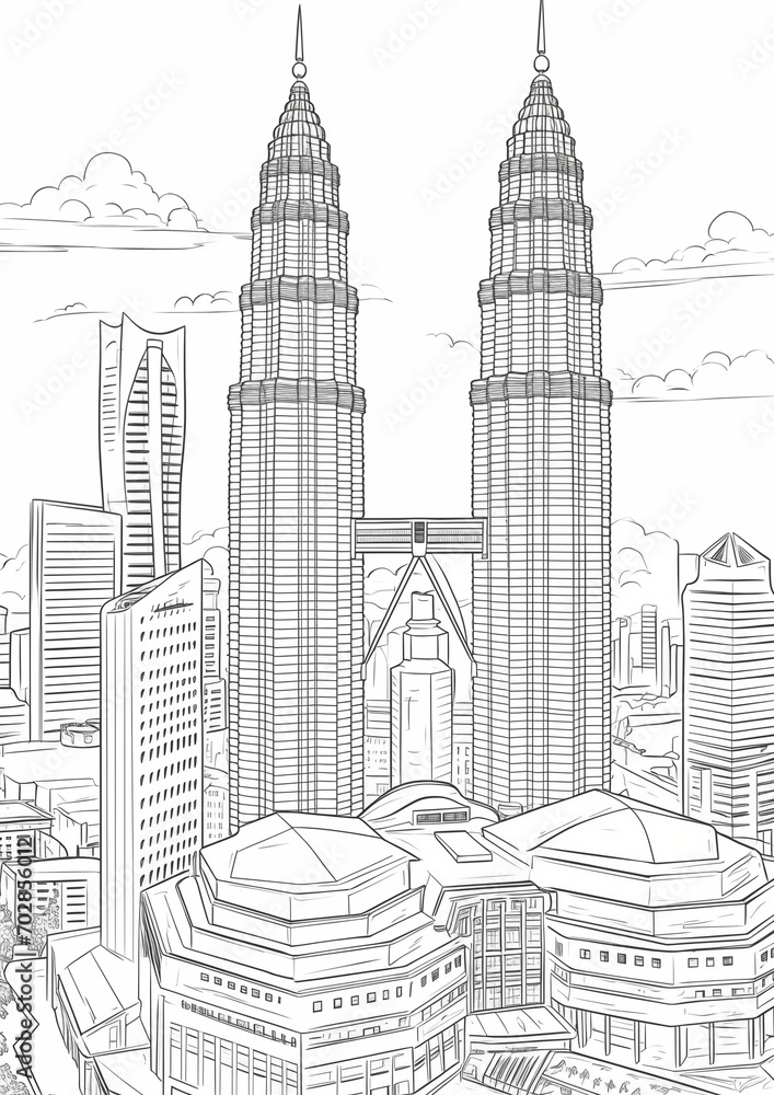 Coloring Pages of Petronas Twin Tower, Kuala lumpur Malaysia