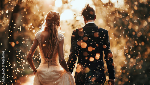 a bride and groom walk outdoors photo