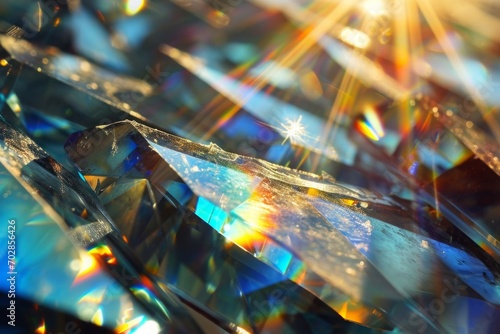 Broken glass background with holographic sun lights. photo