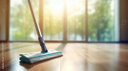 A mop sitting on top of a wooden floor