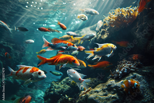 a group of colorful fish swimming in water