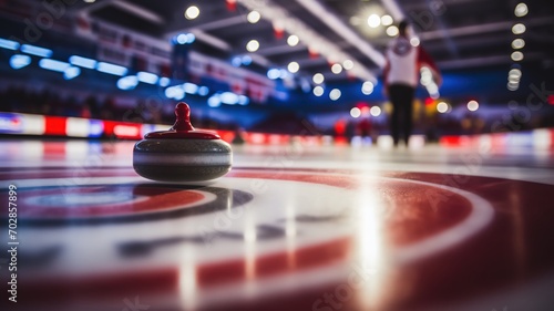 Curling stone on ice on blurred background photo