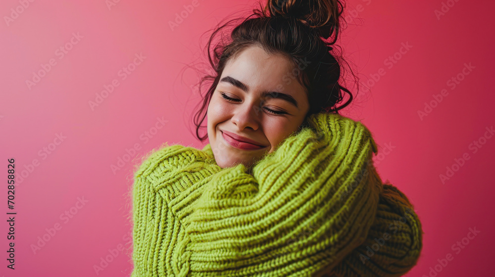 A cheerf young woman enjoys pleasant memories wears a soft comfortable green sweater and round spectacles keeps eyes closed smiles pleasantly isolated over pink background recalls nice moment in life - obrazy, fototapety, plakaty 
