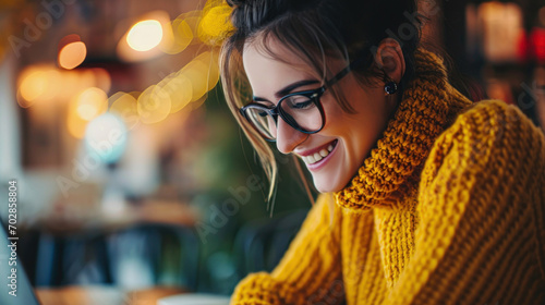 young beautiful caucasian woman wearing yellow sweater and eyeglasses using silver laptop in cafe photo