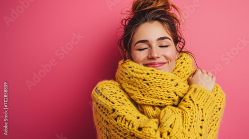 A cheerf young woman enjoys pleasant memories wears a soft comfortable yellow sweater and round spectacles keeps eyes closed smiles pleasantly isolated over pink background recalls nice moment in life photo