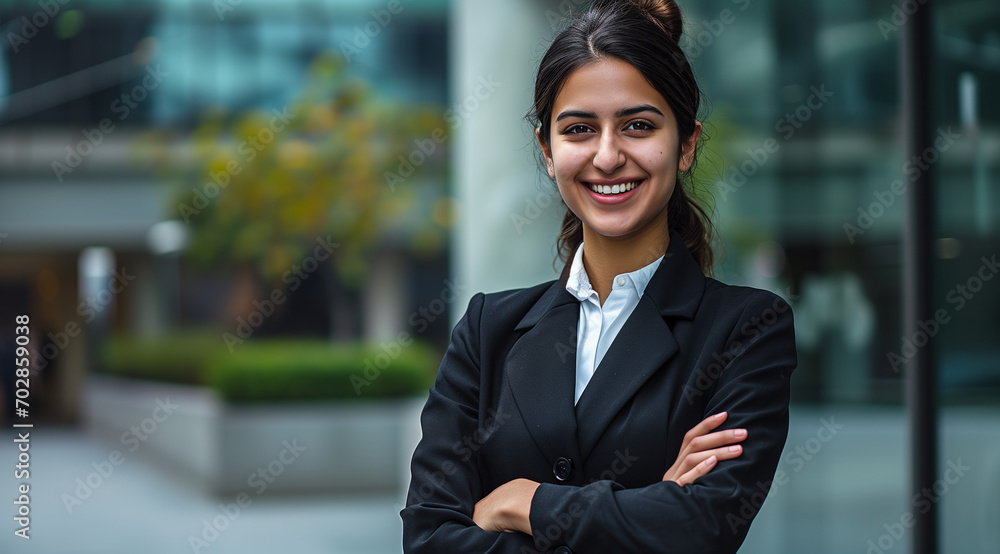 corporate businesswoman stands smiling outside her office building corporate businesswoman stands smiling outside her office building