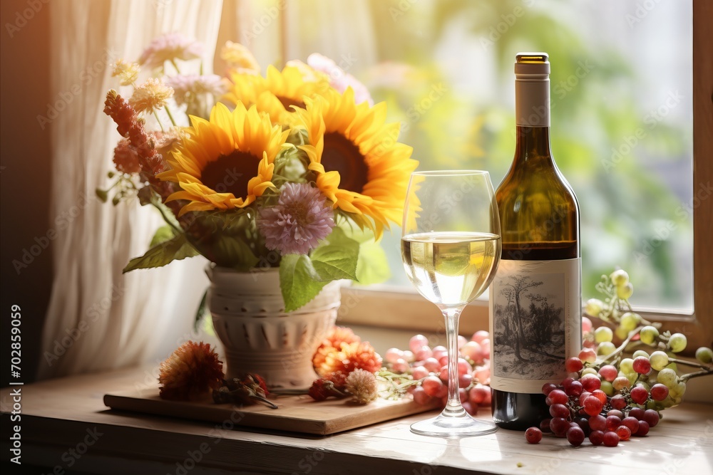 Elegant Wine Bottle and Glasses with Delicate Flowers for Exquisite Home Decor and Celebrations