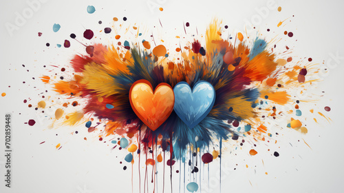 A painting of two hearts and coloured paint spots on a white background photo