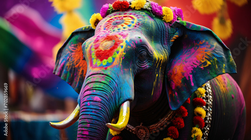 Decorated elephant with colorful ethnic image
