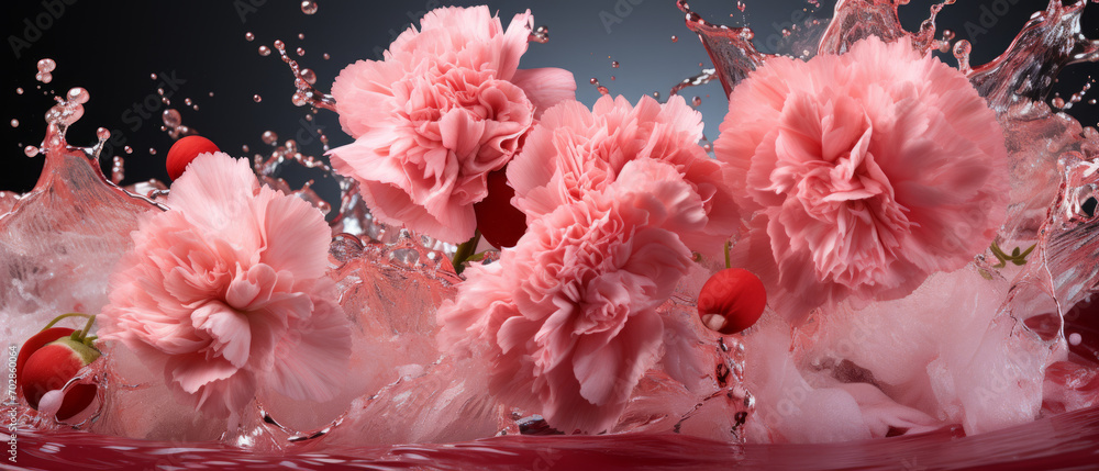 Artful arrangement of pink carnations flowers with delicate petals.