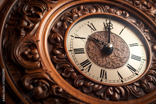 A close-up of a vintage wooden clock, its intricate hands frozen in time against a backdrop of rich mahogany. © Kanwal