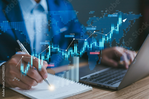 Business people analyze financial data chart trading forex, Investing in stock markets, funds and digital assets, Business finance technology and investment concept, executive analyzes work strategy.