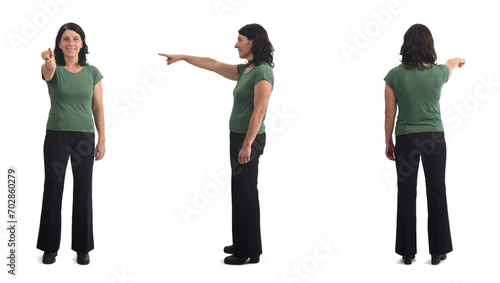 front, side and back view of the same woman pointing her finger forward