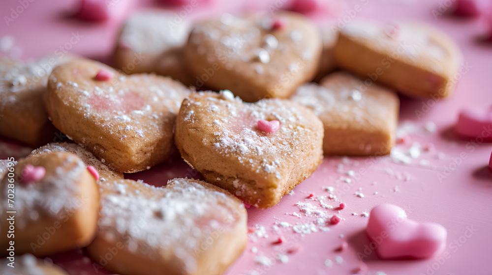A group of heart-shaped cookies on a pink background, a Valentine's Day concept