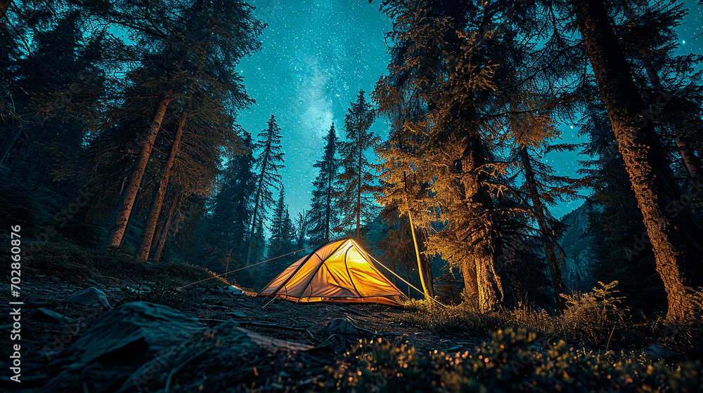 An illuminated tent under a starry sky - obrazy, fototapety, plakaty 