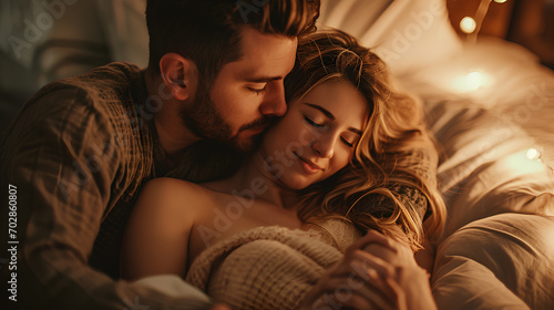 A man and woman cuddling together in bed. valentine's Day concept