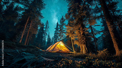 An illuminated tent under a starry sky photo