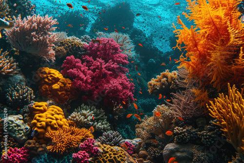 colorful tropical fishes swimming among coral reef © Kien