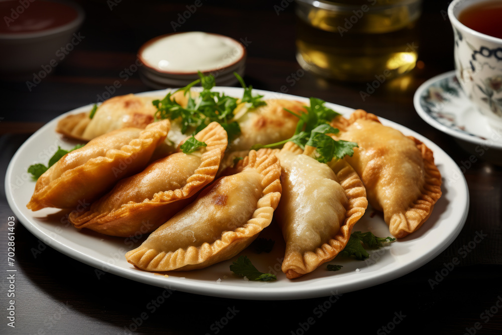 Freshly baked empanadas on wooden table with sauces. Traditional Spanish Brazilian cuisine Freshly baked empanadas on wooden table with sauces. Traditional Spanish Brazilian cuisine