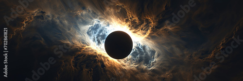 An otherworldly vision of a total solar eclipse, surrounded by swirling cosmic clouds and radiant light. Banner siz3