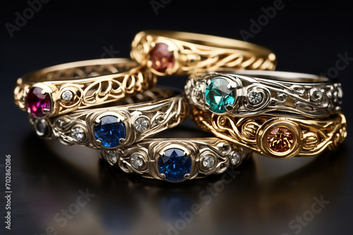 intricate wedding ring designs on display, showcasing various gemstones and metals, artistry and elegance