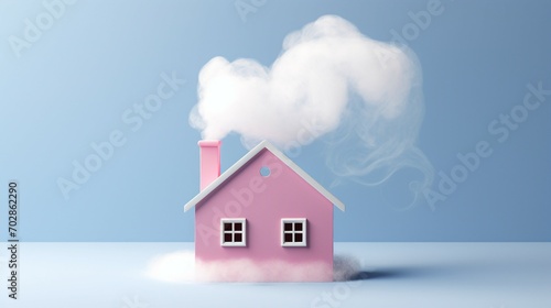 Whimsical 3D Blue House with Pink Heart Smoke: Adorable Home Model in a Fantasy Setting