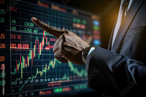 A visual journey into corporate finance, showcasing a businessman's hand pointing at crucial stock market insights on a sophisticated digital display.