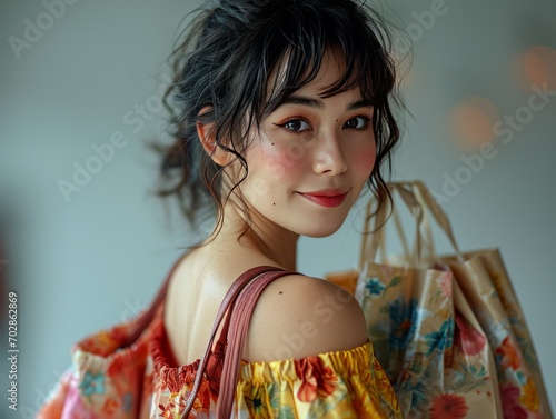 Happy young woman holding shopping bags in shopping center.