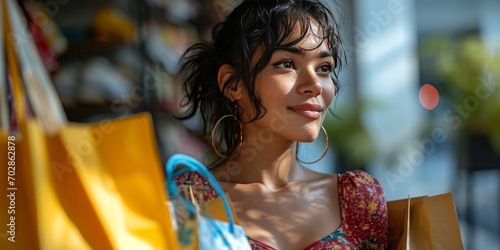 Girl smilingwith packages from store.