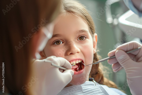 a kid patient examine teeth while visiting professional doctor