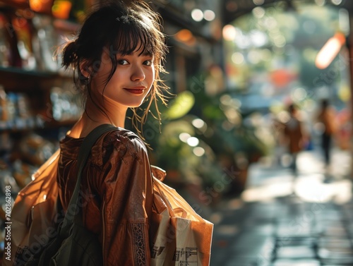 Girl smiling with packages from store.