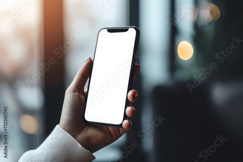 Smartphone mockup with white screen in woman's hands.