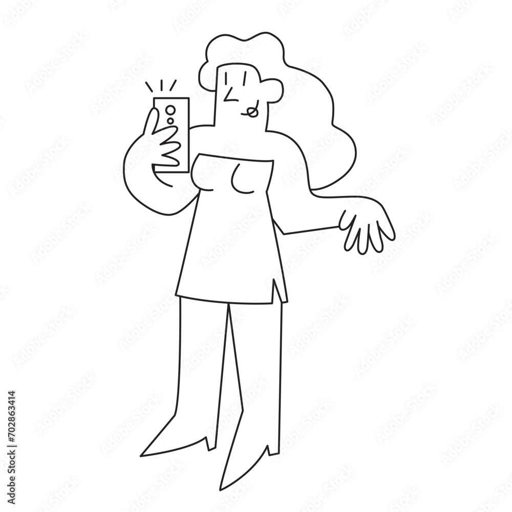Happy young woman standing smile, holding mobile phone her taking selfie. Hand drawn in thin line style, vector illustrations.