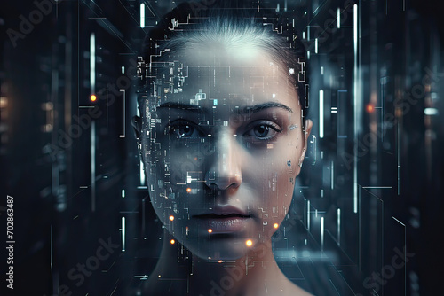 The fusion of virtual reality and AI in this unique digital art piece  depicting a 3D hologram of a face with complex pixel effects  ideal for futuristic concepts.