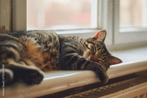 A pet cat sleeping and warming itself against the window on a cold winter day. A gray domestic cat lying by the window on the heating radiator. © photolas