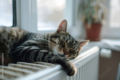 A pet cat sleeping and warming itself against the window on a cold winter day. A gray domestic cat lying by the window on the heating radiator.