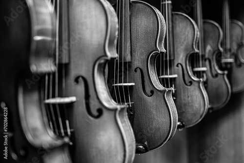 black and white picture of multiple violins hanging on the wall, musician workshop